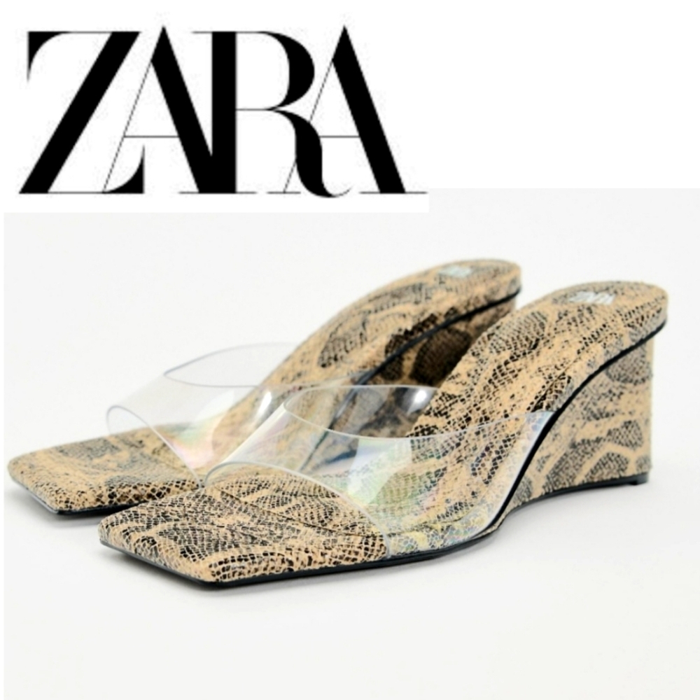 ZARA Snakeskin Print Wedge Sandals Size 8.5 Clear Strap Platform Square Toe Tan